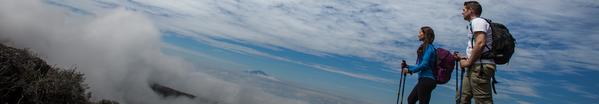 Hikers poised atop a mountain, gazing into the horizon