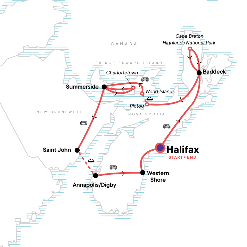 Map of the route for Coastal Treasures of the Canadian Maritimes
