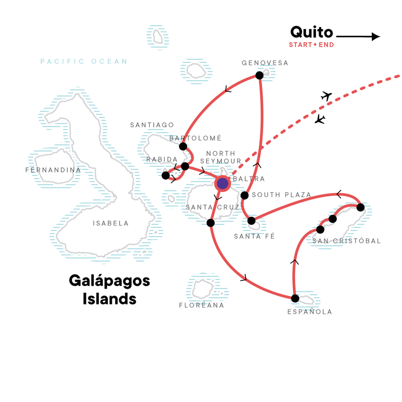 Map of the route for Galápagos – Central and East Islands aboard the Reina Silvia Voyager