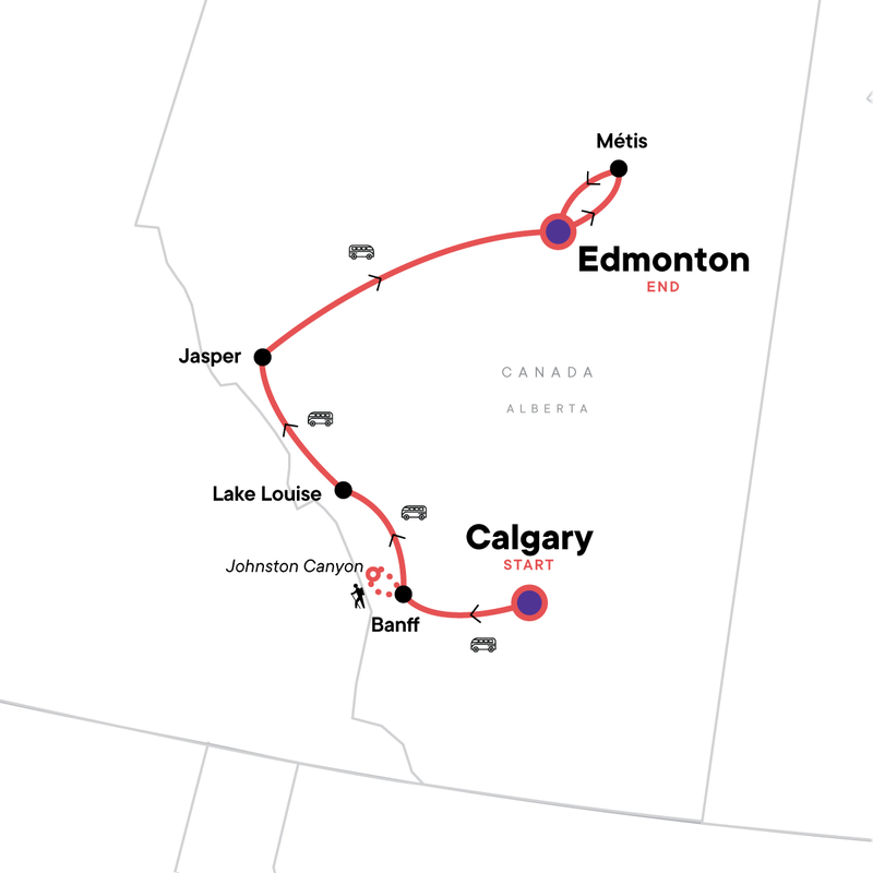 Map of the route for Canadian Rockies: Northern Lights Winter Explorer