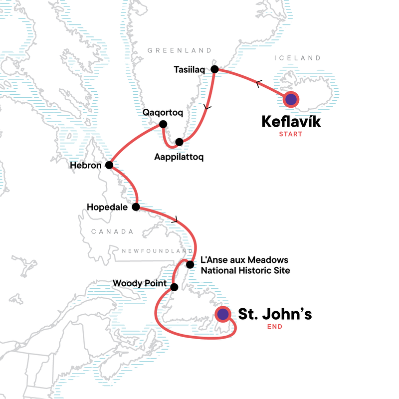 Map of the route for Across the North Atlantic: Iceland, Greenland & Labrador
